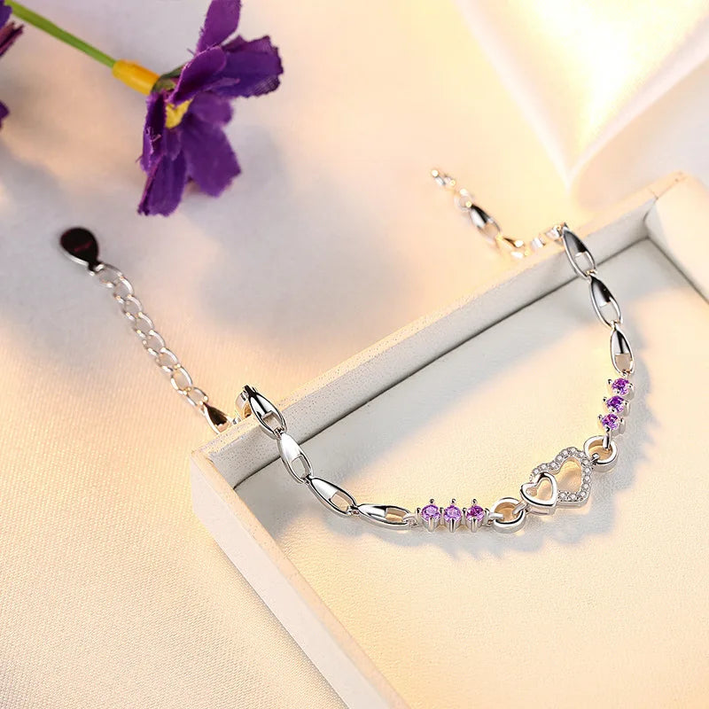 925 Sterling Silver Purple Crystal Heart Bracelet