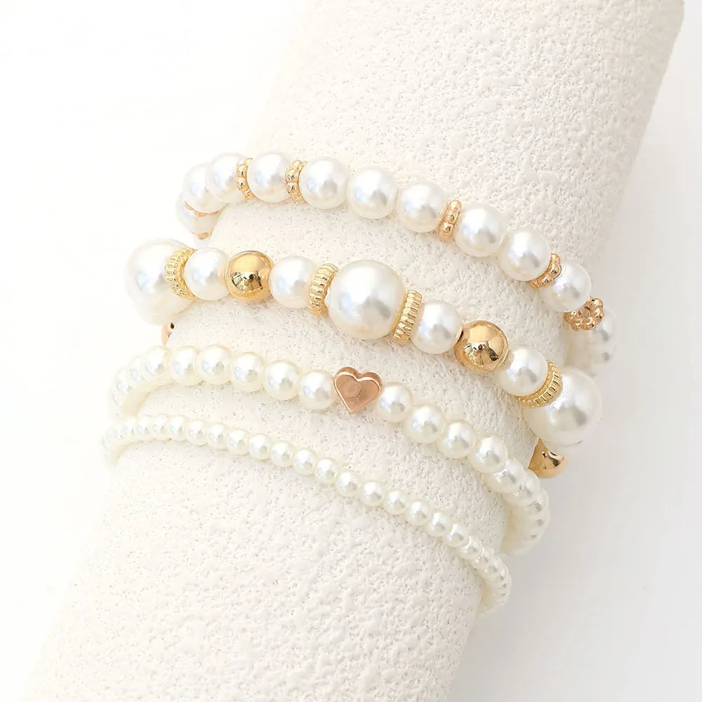 4-Piece Elegant White Faux Pearl & Heart Bracelet Set