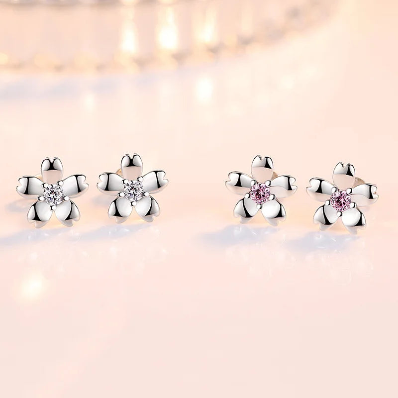 925 Sterling Silver Crystal Flower Stud Earrings