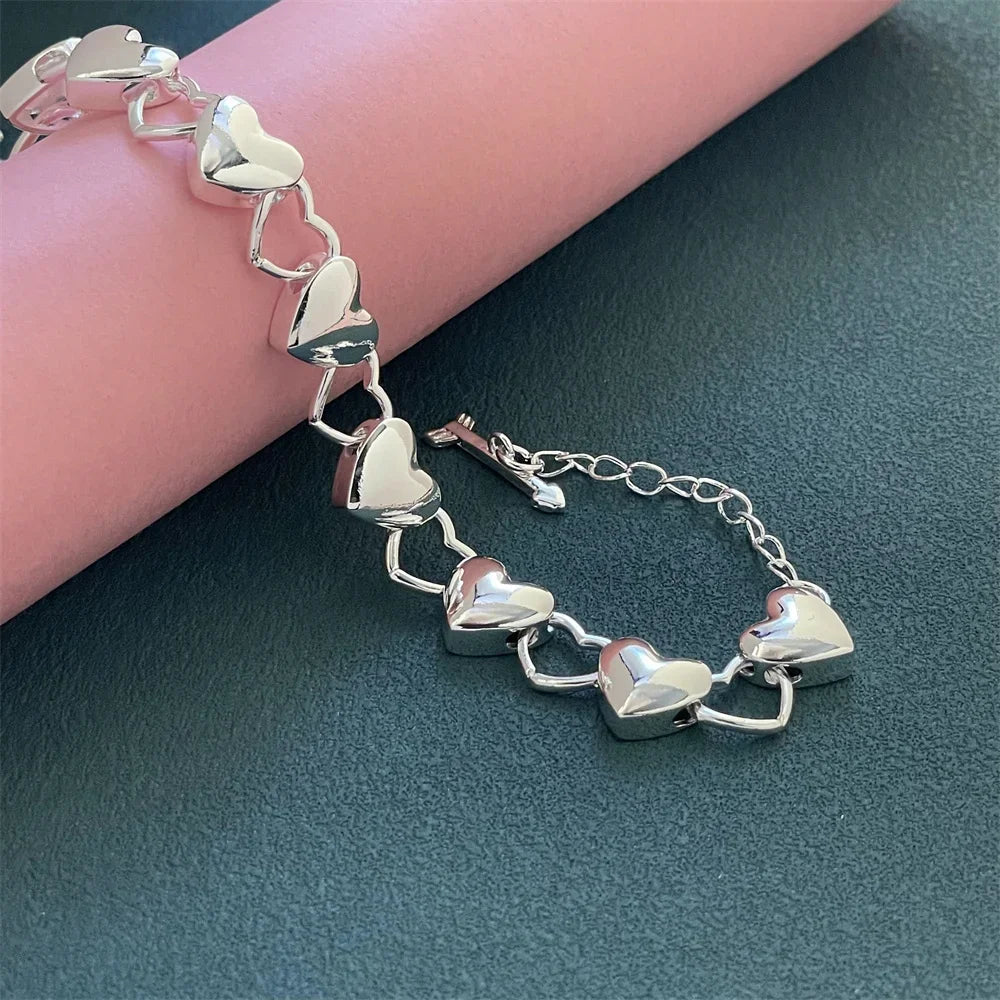 925 Sterling Silver Heart Link Bracelet for Women