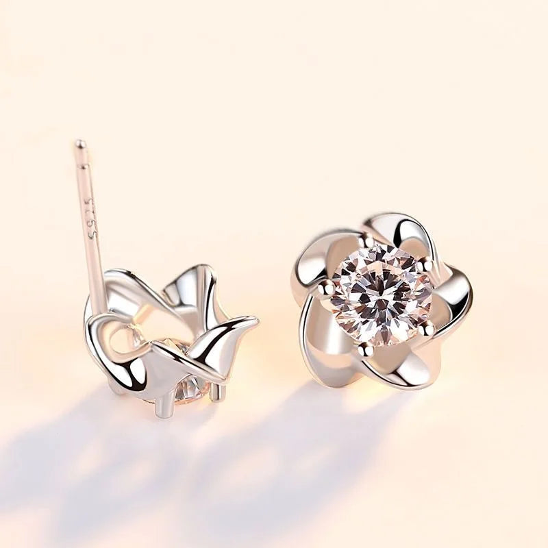 925 Sterling Silver Crystal Flower Stud Earrings