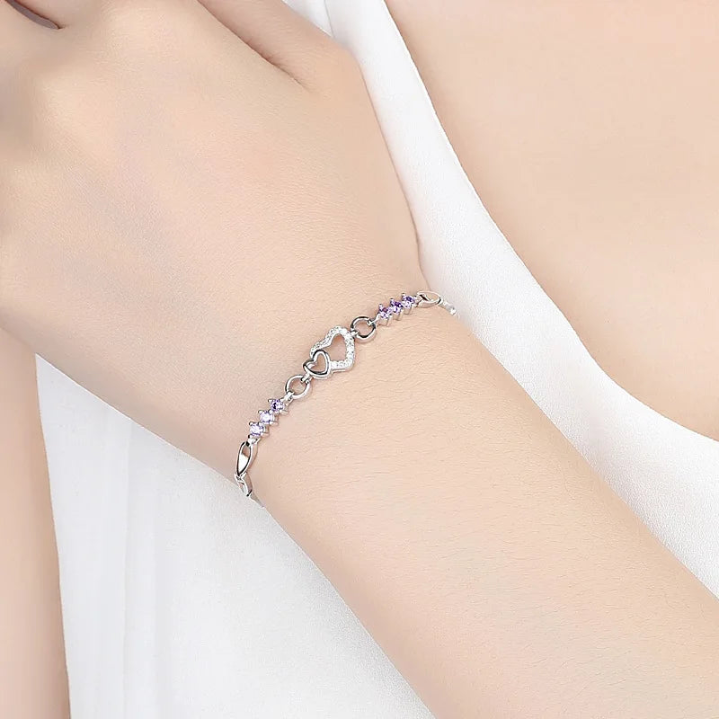 925 Sterling Silver Purple Crystal Heart Bracelet