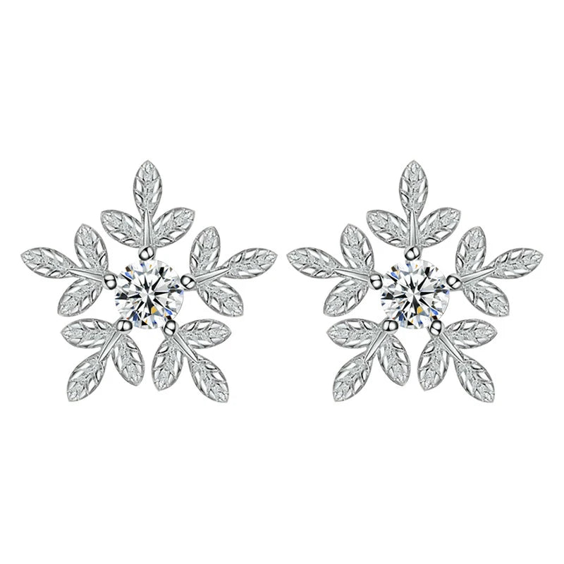 925 Sterling Silver Crystal Snowflake Stud Earrings