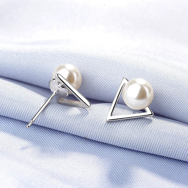 925 Sterling Silver Triangle Pearl Stud Earrings