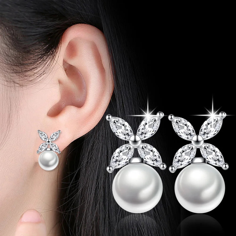 925 Sterling Silver Cross Pearl Stud Earrings