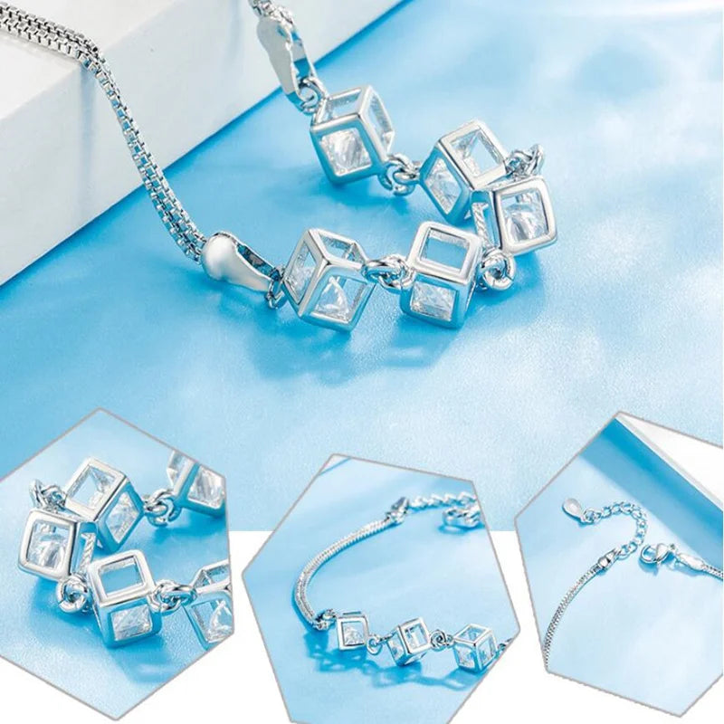 Elegant 925 Sterling Silver Rubik's Cube Love Bracelet for Women