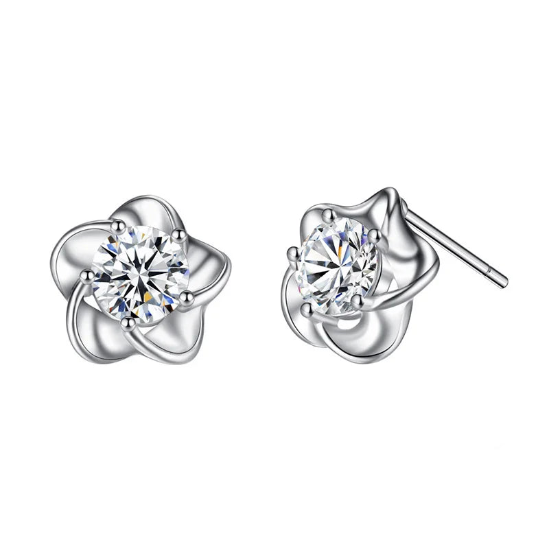 925 Sterling Silver Crystal Flower Stud Earrings