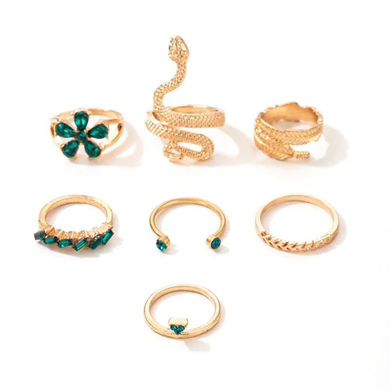 Geometric Snake & Leaf Green Crystal Knuckle Ring Set