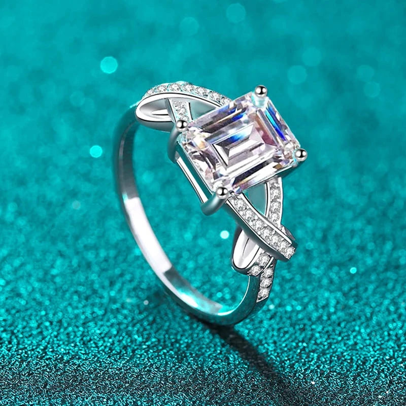 3CT Moissanite Emerald Cut Ring White Gold Plated