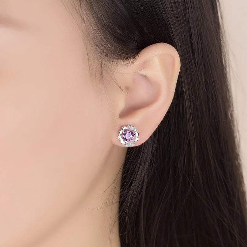 925 Sterling Silver Crystal Flower Stud Earrings