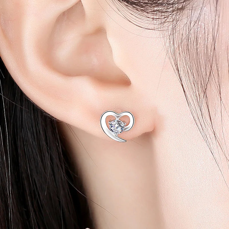 925 Sterling Silver Crystal Heart Stud Earrings