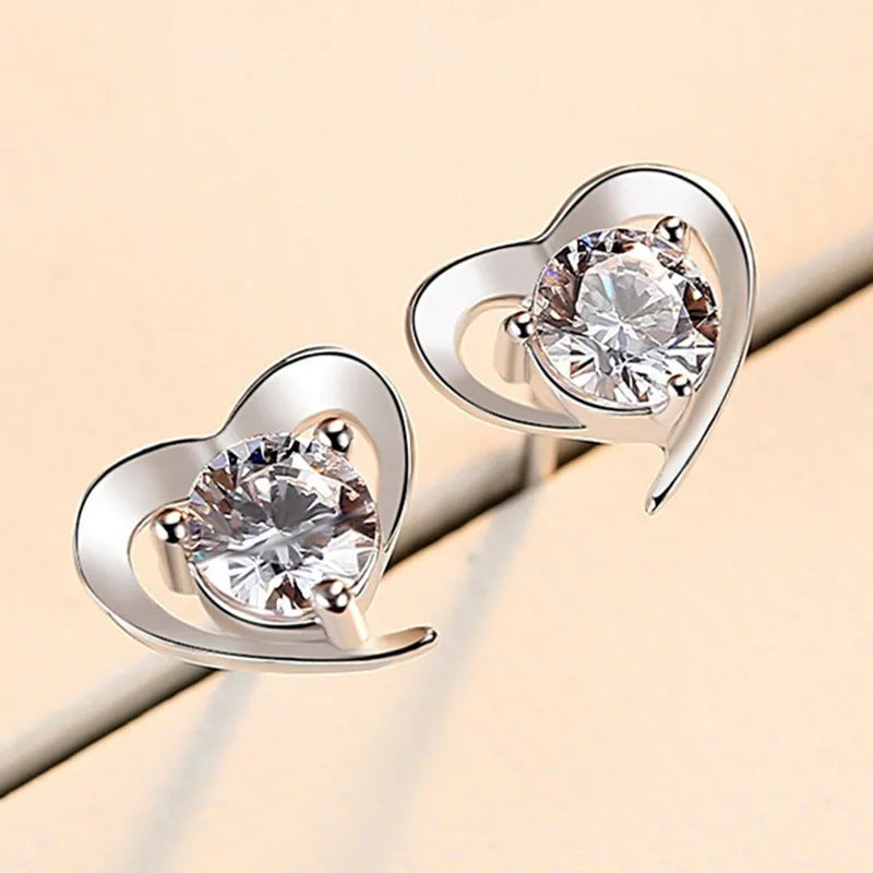 925 Sterling Silver Crystal Heart Stud Earrings