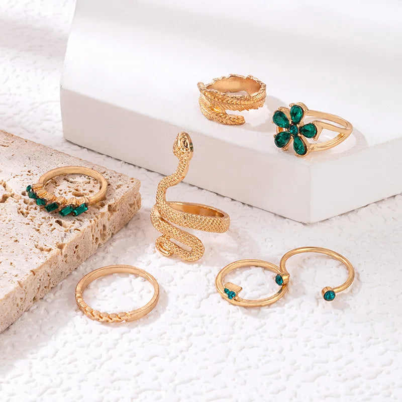 Geometric Snake & Leaf Green Crystal Knuckle Ring Set