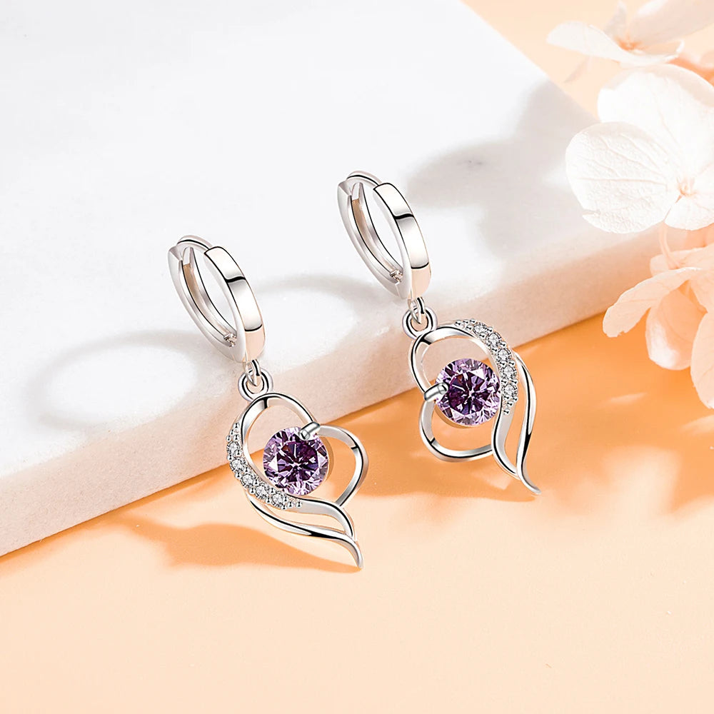 925 Silver Heart-Shaped Crystal Drop Earrings