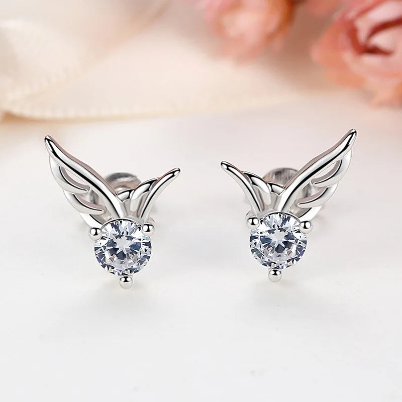 S925 Sterling Silver Crystal Angel Wing Earrings