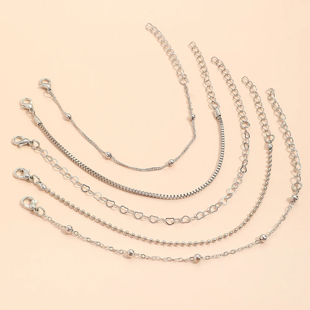 5-Piece Elegant Thin Chain & Beaded Bracelet Set