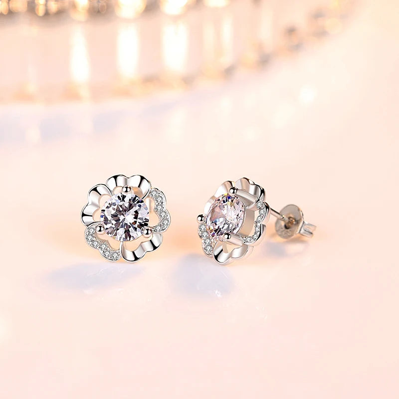 925 Sterling Silver Crystal Flower Stud Earrings