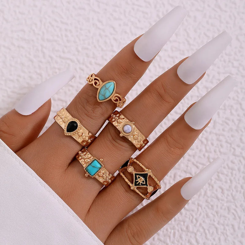 Vintage Green Stone Geometric Ring Set