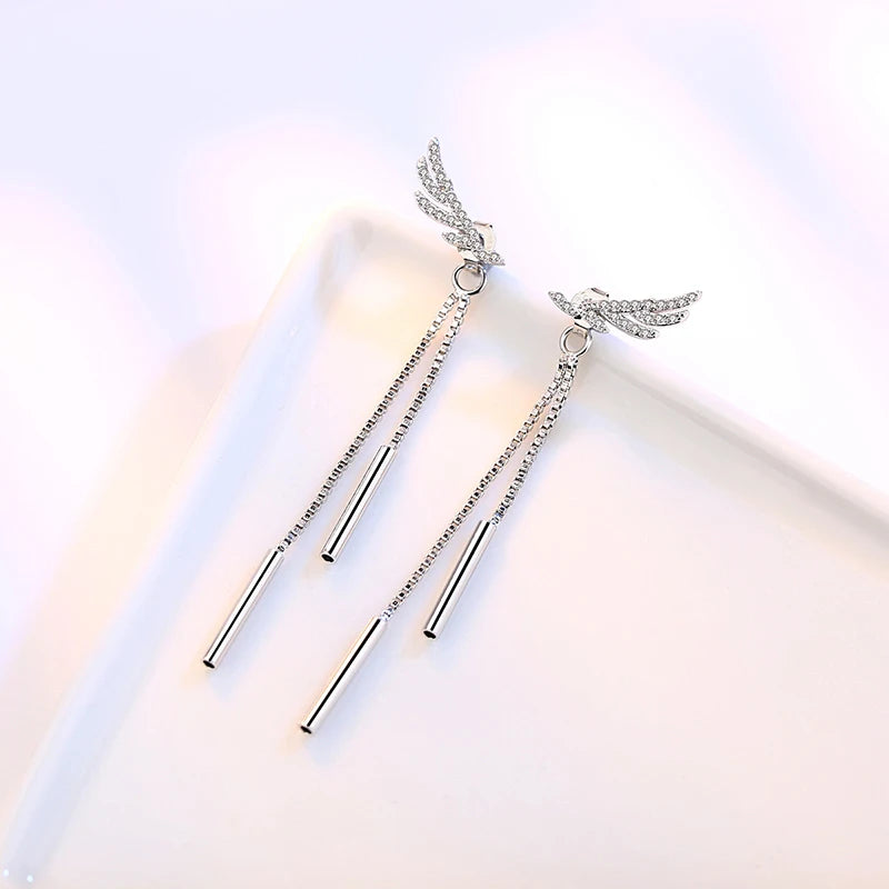 925 Sterling Silver Long Crystal Wing Earrings