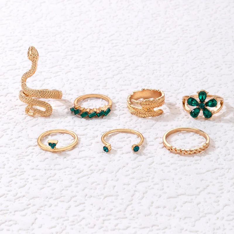 Geometric Snake & Leaf Green Crystal Knuckle Ring Set