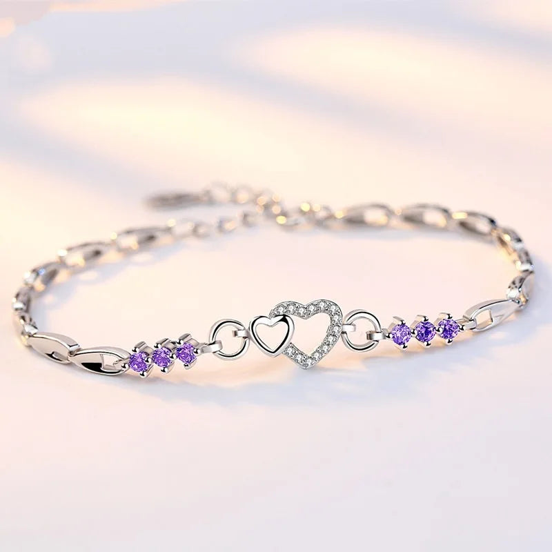 925 Sterling Silver Purple Heart Charm Bracelet