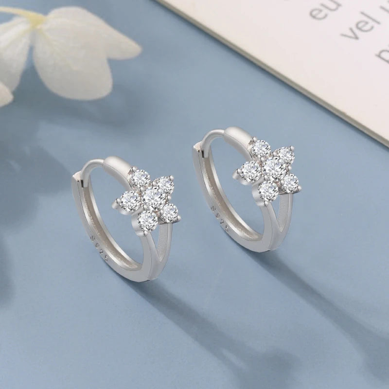 925 Sterling Silver Crystal Flower Hoop Earrings