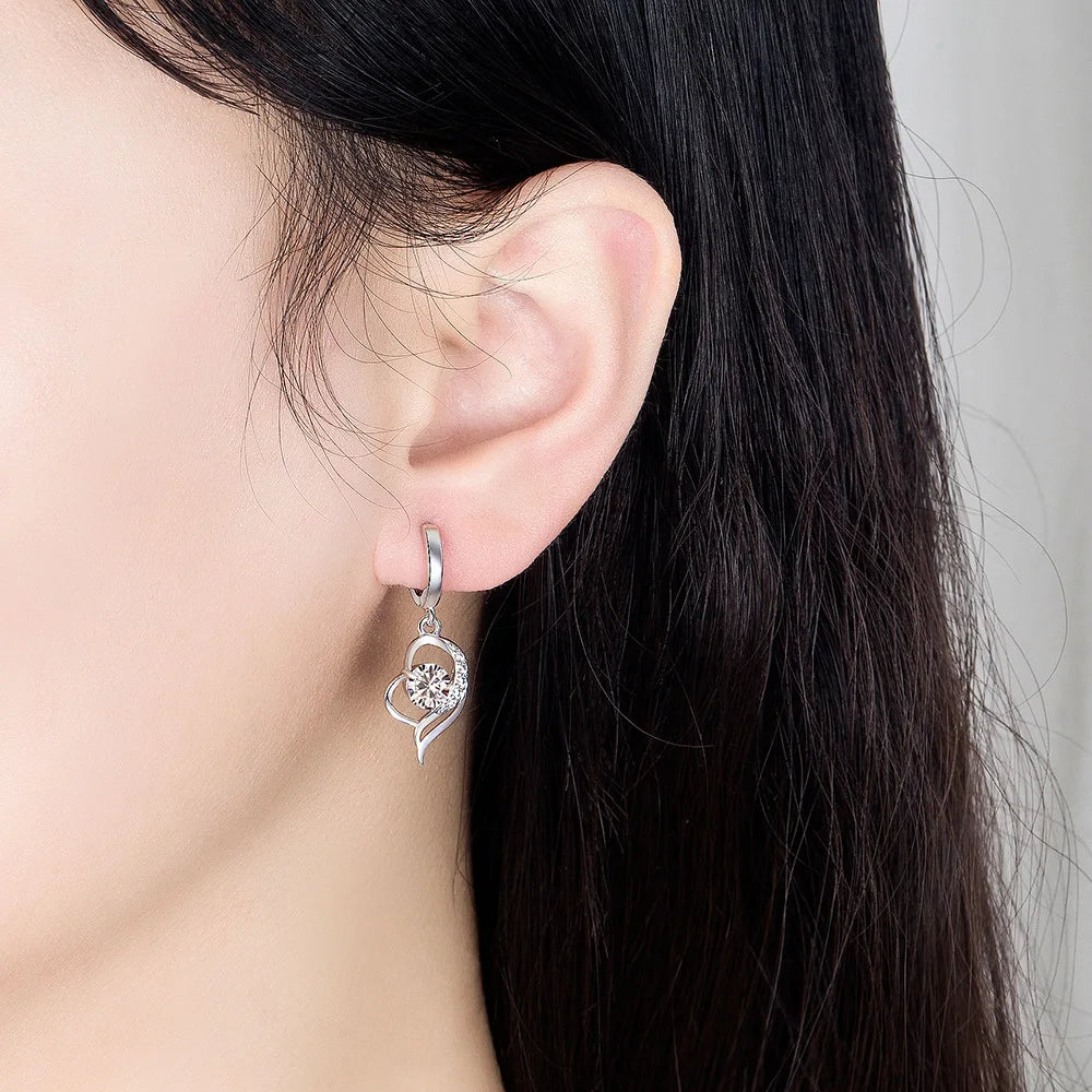 925 Silver Heart-Shaped Crystal Drop Earrings