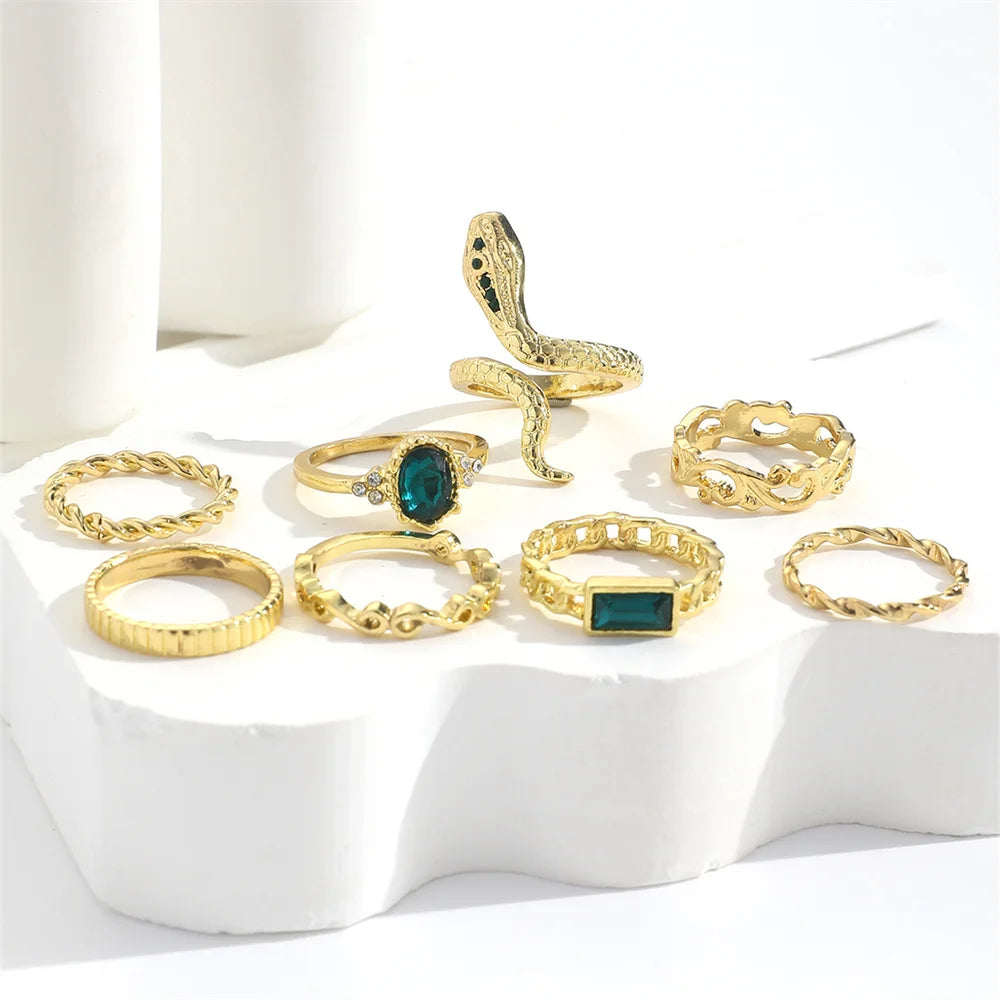 8-Piece Vintage Faux Gemstone Snake Ring Set