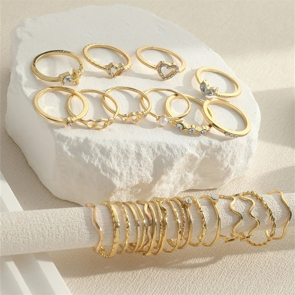 28-Piece Heart & Star Geometric Ring Set