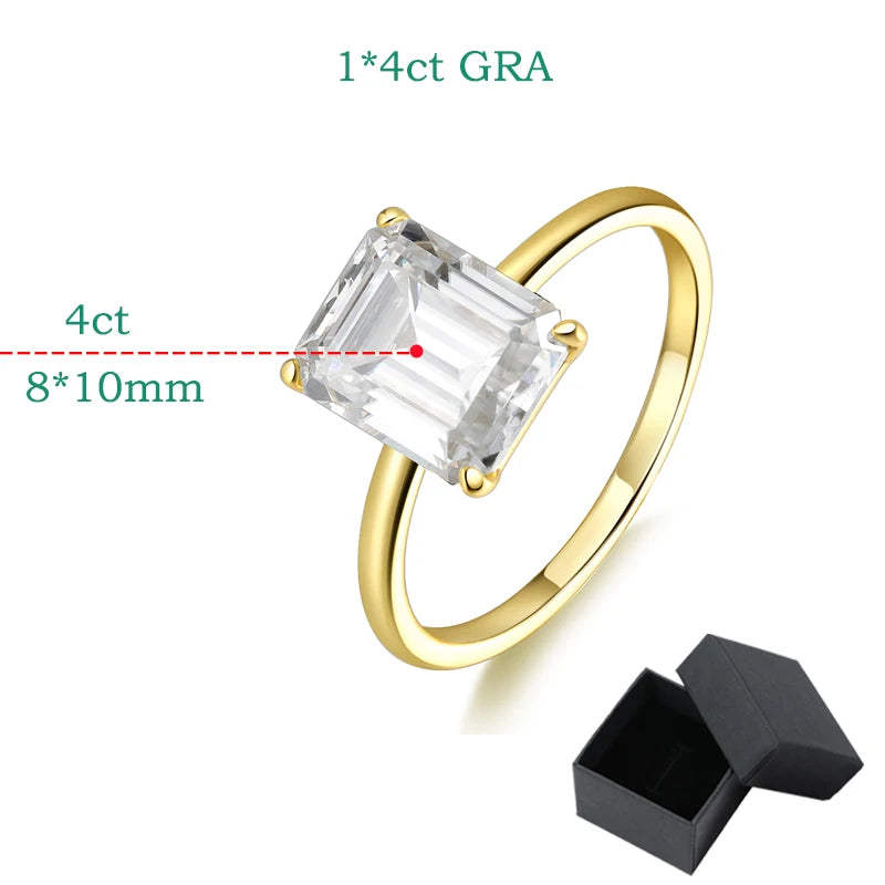 4CT Emerald Cut Moissanite Solitaire Ring 18K White Gold Plated