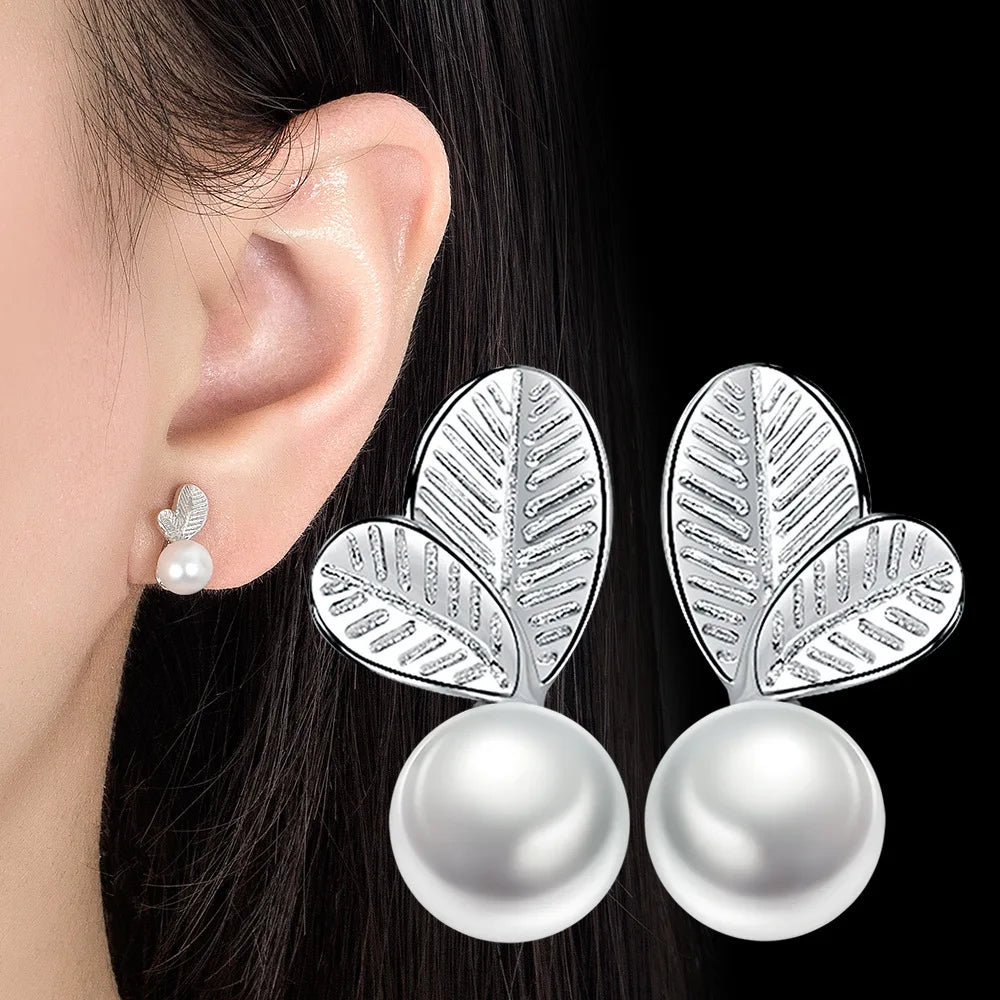 Leaf Pearl Stud Earrings with Freshwater Pearls