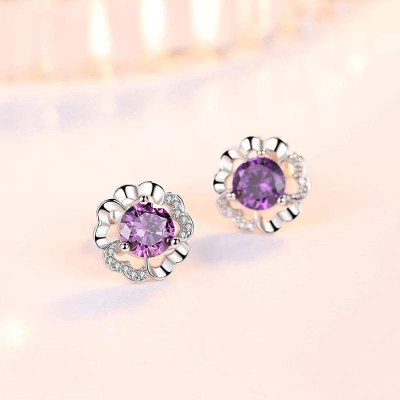 925 Sterling Silver Crystal Flower Stud Earrings