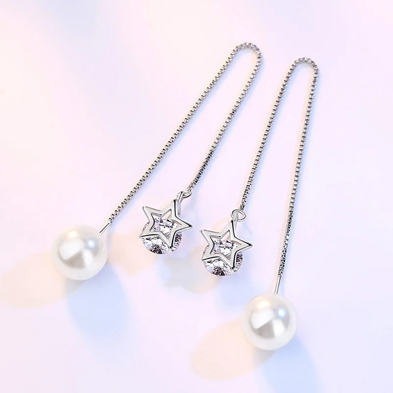 S925 Star & Pearl Long Drop Earrings