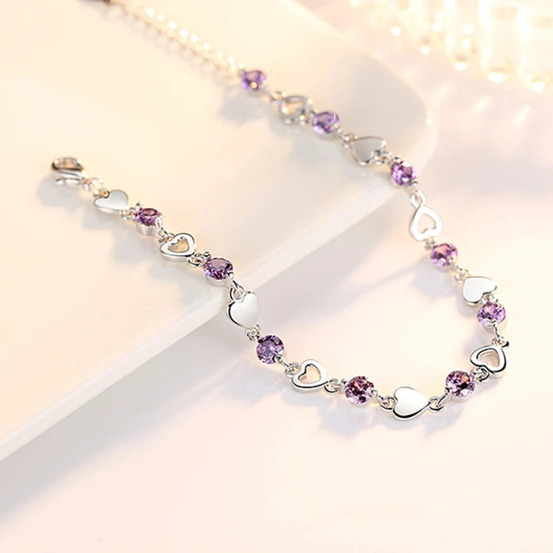 S925 Heart Link Bracelet with CZ Zircon