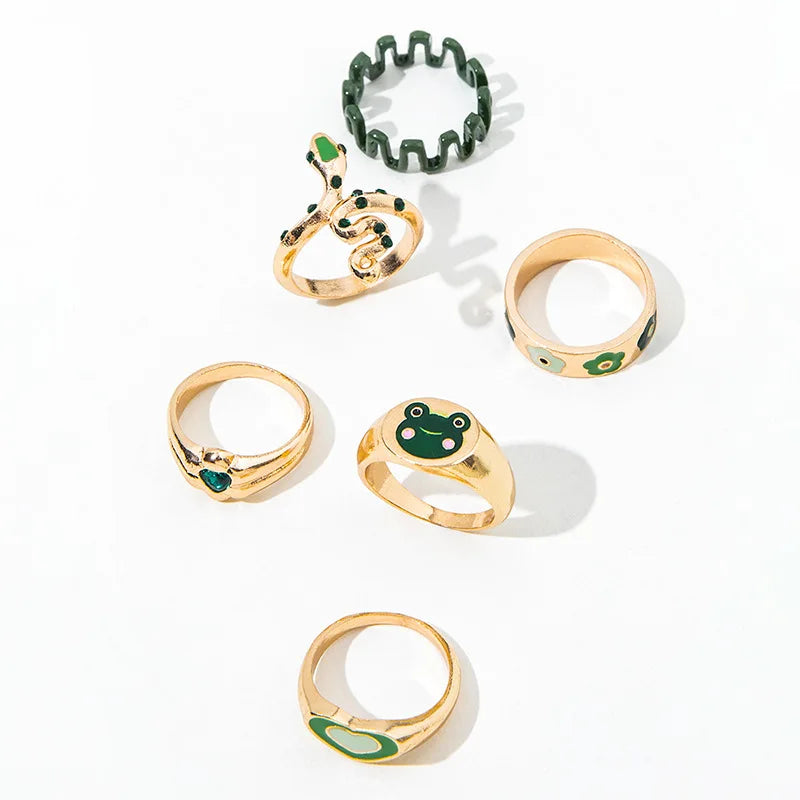 Bohemian Green Enamel Snake & Heart Ring Set