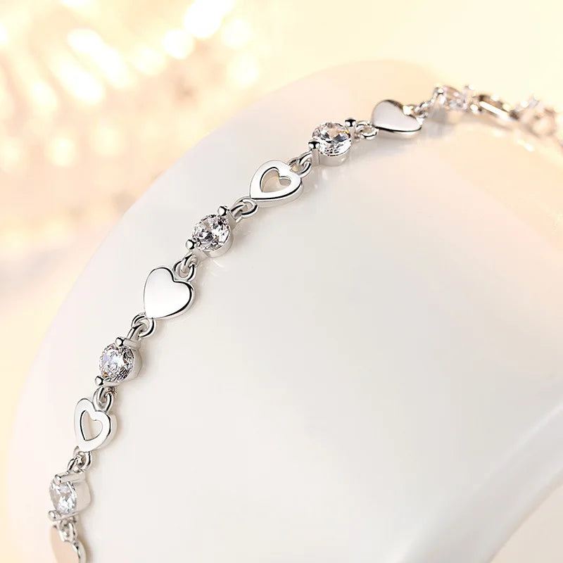 S925 Heart Link Bracelet with CZ Zircon