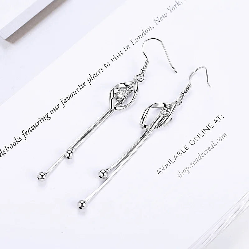 Sterling Silver Long Hollow Leaf Earrings