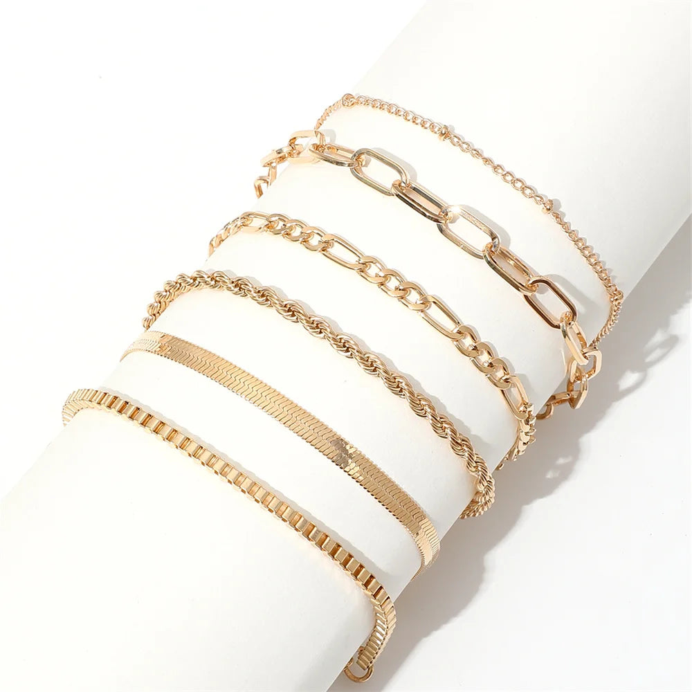 Gold 6-Piece Bohemian Multi-Layer Snake Chain Bracelet Set