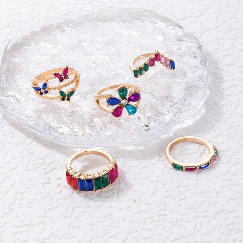 Bohemian Colorful Rhinestone Butterfly & Flower Ring Set