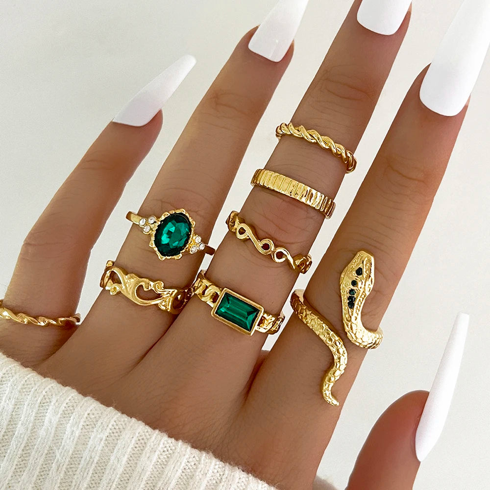 8-Piece Vintage Faux Gemstone Snake Ring Set