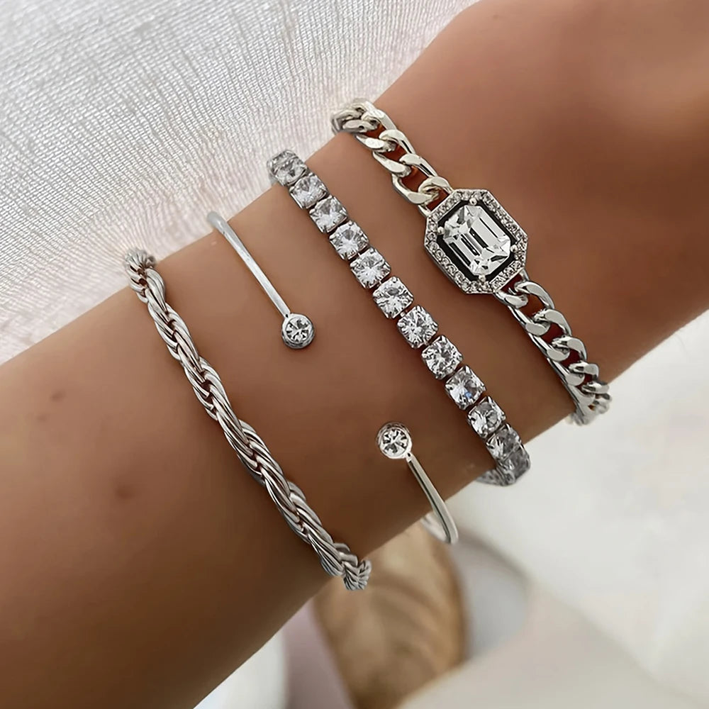 4-Piece Twisted Bangle & Hollow Chain Bracelet Set