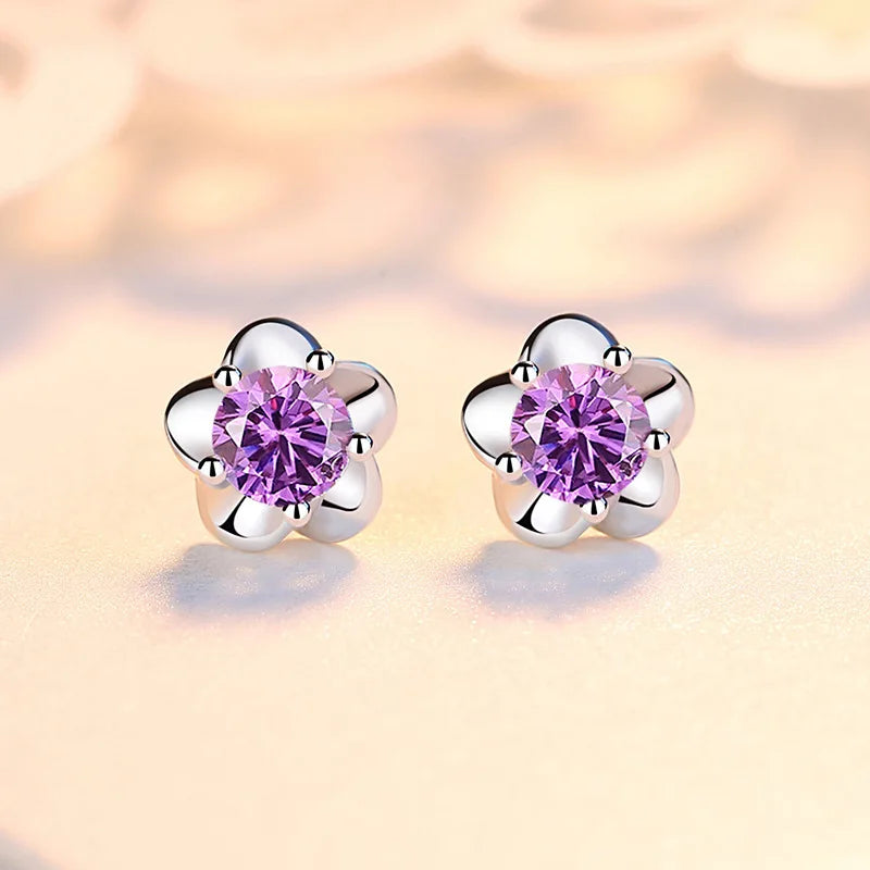 925 Sterling Silver Crystal Flower Stud Earrings