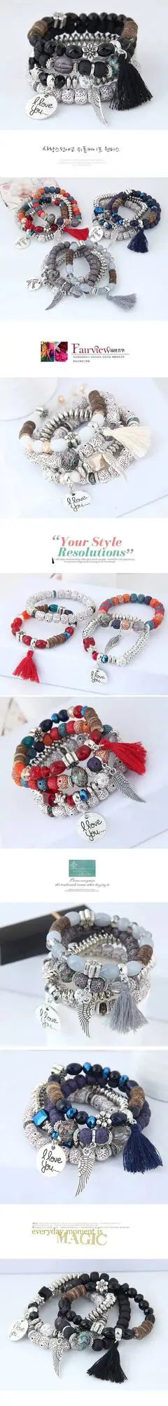 Bohemian Flower & Tassel Multilayer Charm Bracelet