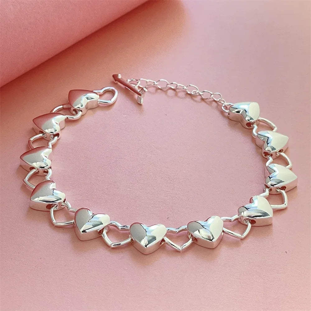 925 Sterling Silver Heart Link Bracelet for Women