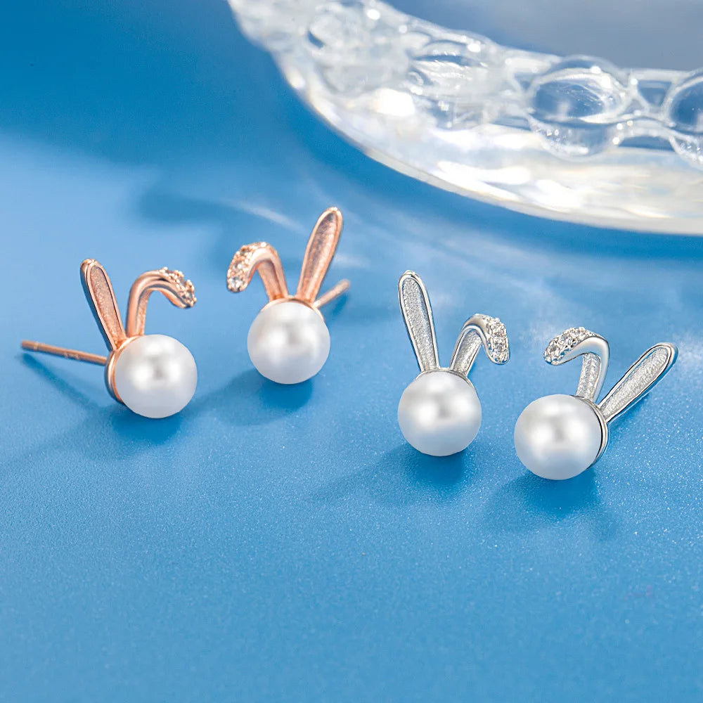 925 Sterling Silver Rabbit Pearl Stud Earrings