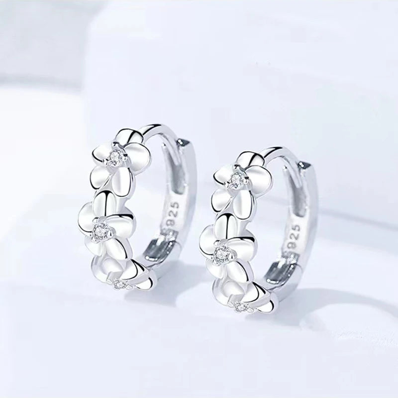 925 Sterling Silver Crystal Flower Hoop Earrings