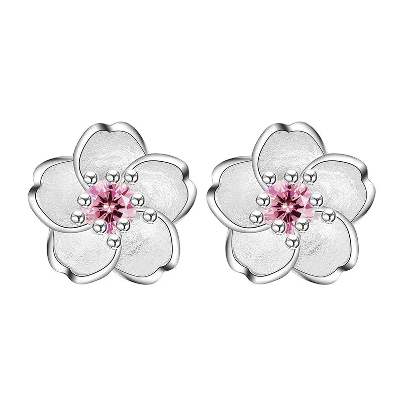 Solid 925 Sterling Silver Crystal Flower Stud Earrings