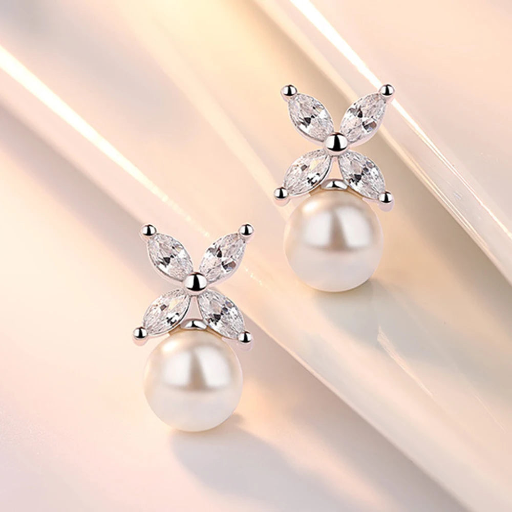 925 Sterling Silver Cross Pearl Stud Earrings