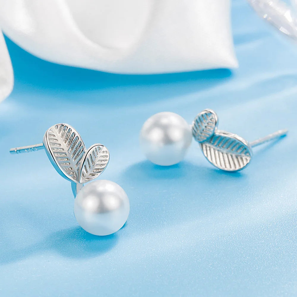 Leaf Pearl Stud Earrings with Freshwater Pearls