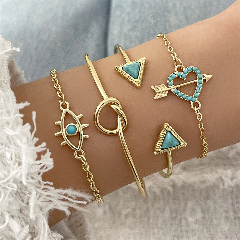 5-Piece Boho Love & Turquoise Charm Bracelet Set